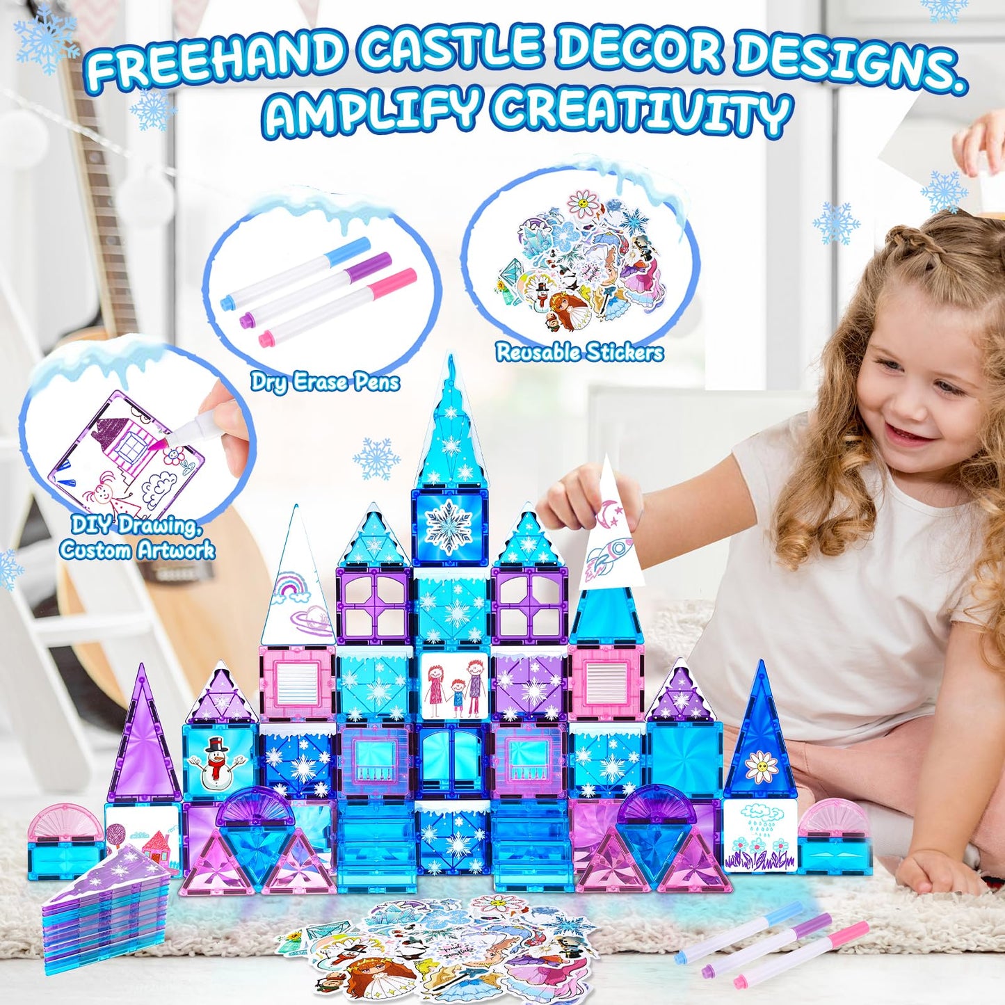 Lotmey Diamond Magnetic Tiles Set 145PCS with Magnetic Doodle Kit – STEM Castle Toys for Girls 3–12