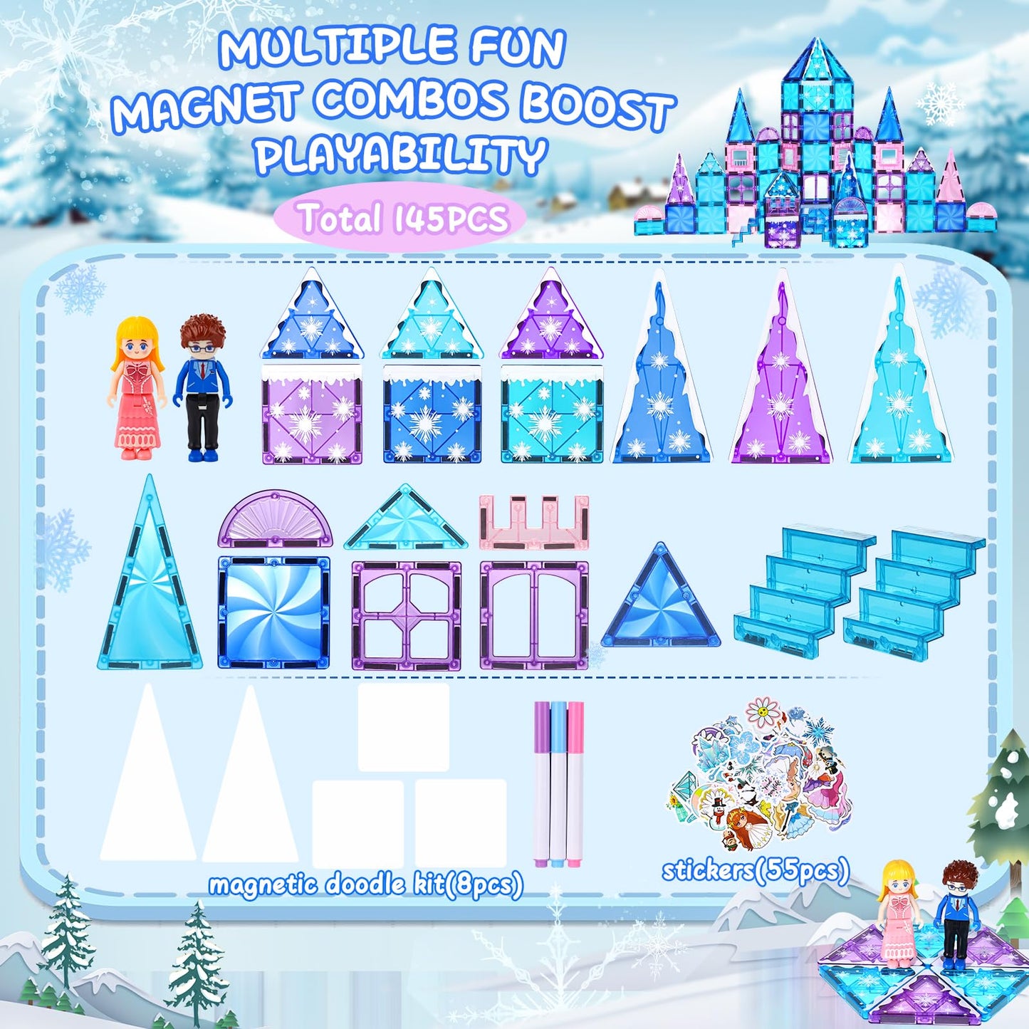 Lotmey Diamond Magnetic Tiles Set 145PCS with Magnetic Doodle Kit – STEM Castle Toys for Girls 3–12