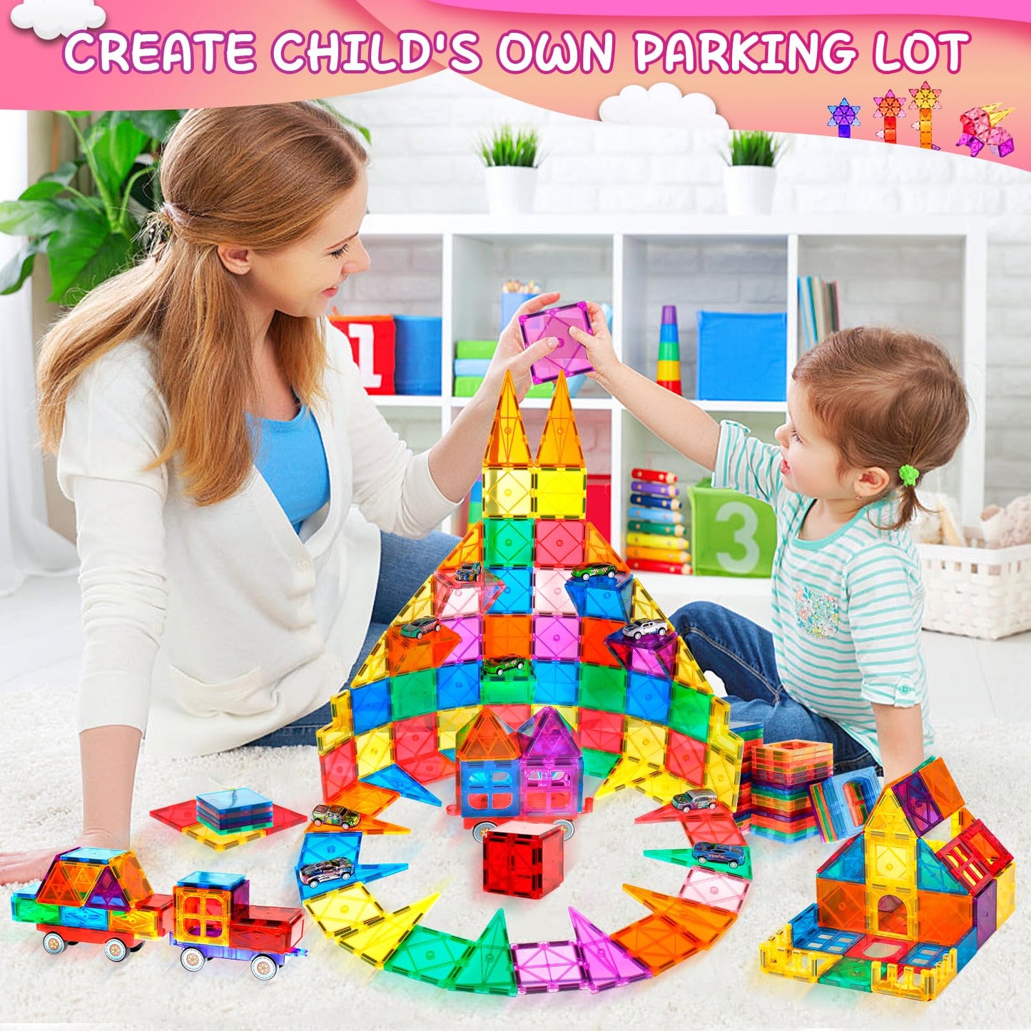 Lotmey 132PCS Magnetic Tiles Deluxe Set – 2 Cars, STEM Building Blocks for Kids 3-12
