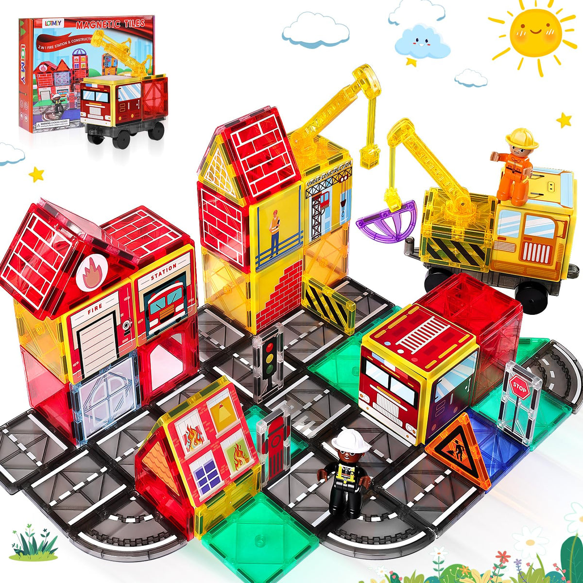 Lotmey Magnetic Tiles Road Set with Cranes – STEM Building Toys for Ages 3-12