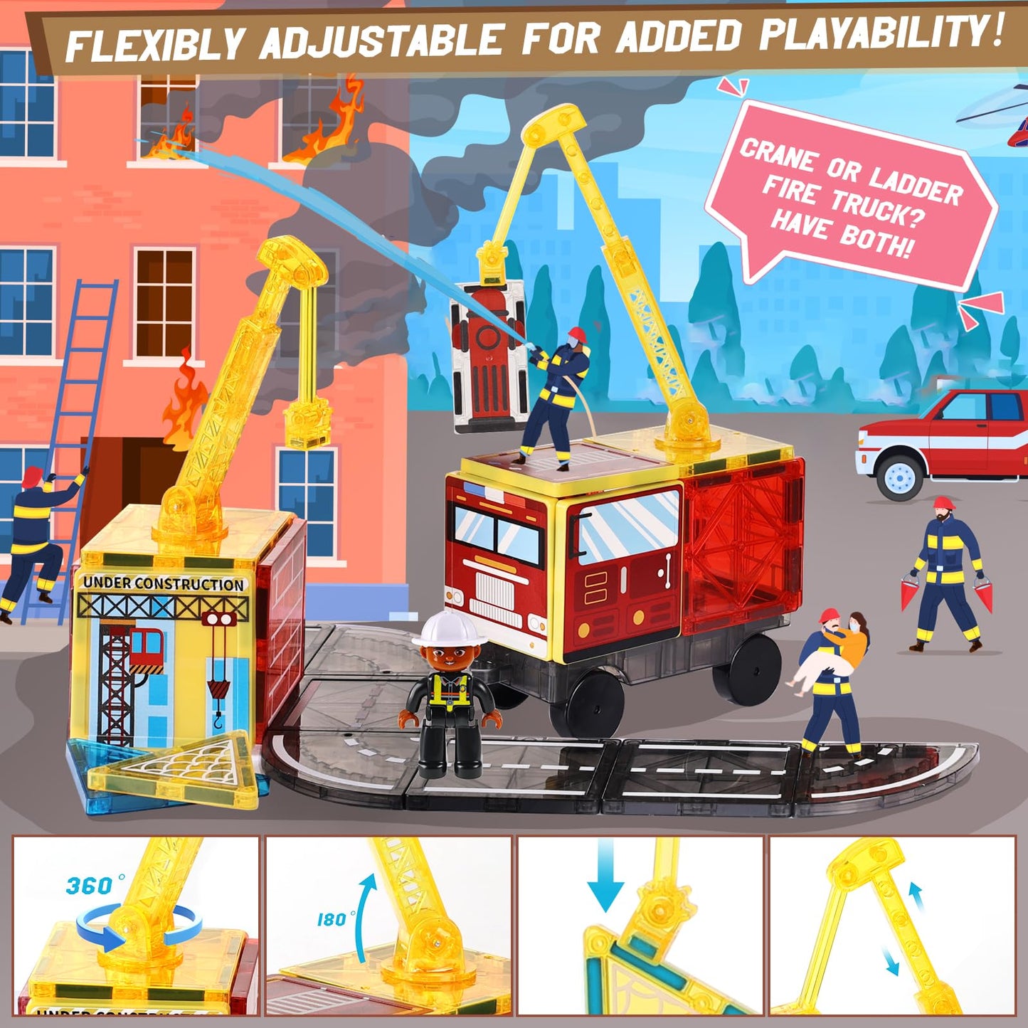 Lotmey Magnetic Tiles Road Set with Cranes – STEM Building Toys for Ages 3-12