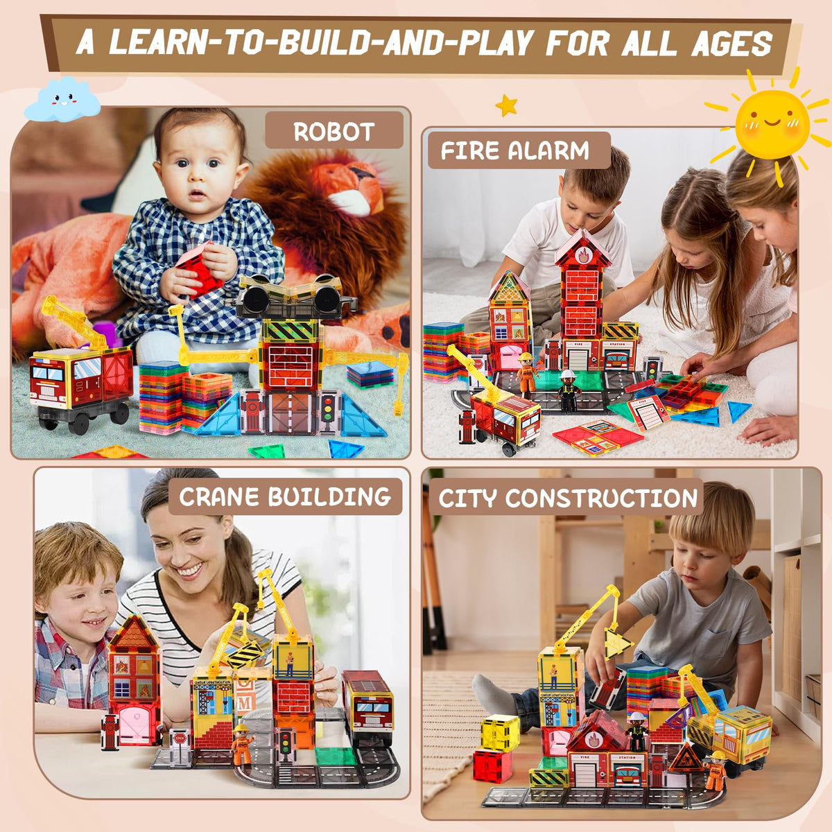 Lotmey Magnetic Tiles Road Set with Cranes – STEM Building Toys for Ages 3-12