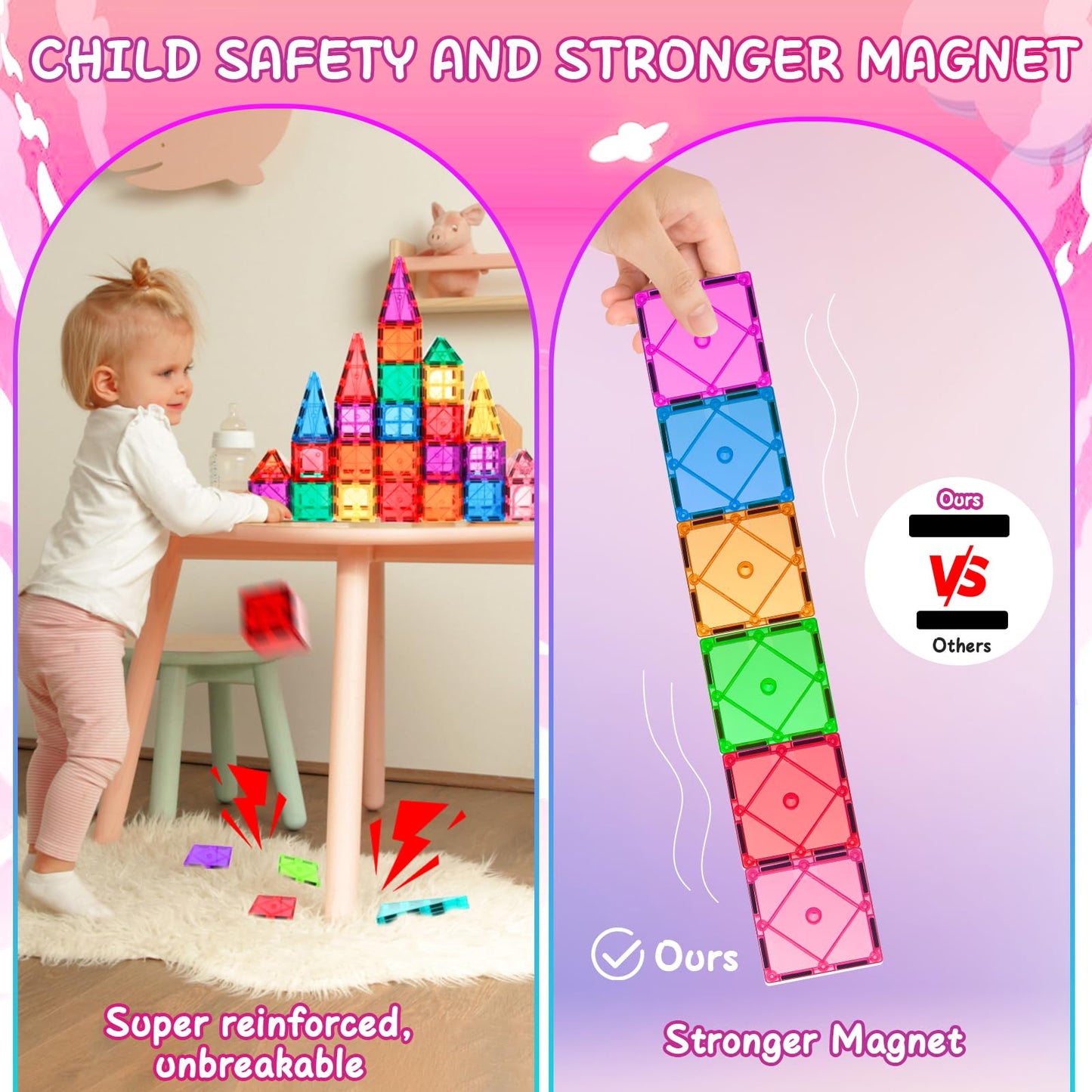 Lotmey 132PCS Magnetic Tiles Deluxe Set – 2 Cars, STEM Building Blocks for Kids 3-12