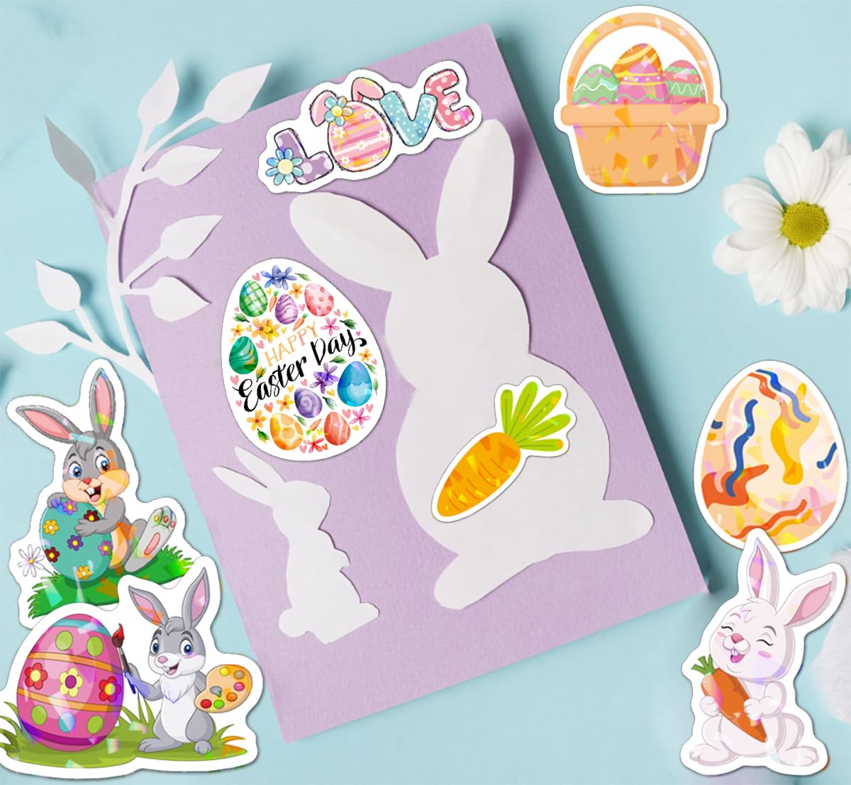 Lotsduoler 51PCS Easter Stickers – Bunny, Egg & Rabbit Decor for Cards, Journals & Crafts