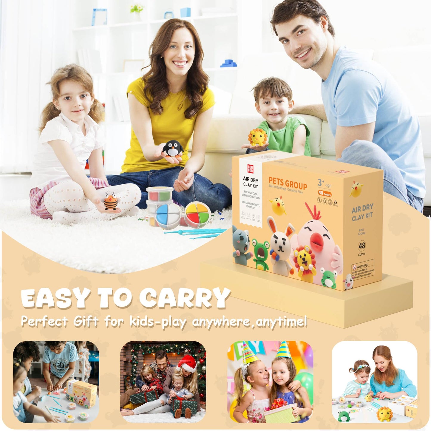 LOUFOR Air Dry Clay Kit for Kids – 48 Colors, 12 Cans, 4 Tools & Tutorial | Safe Non-Toxic Modeling Clay