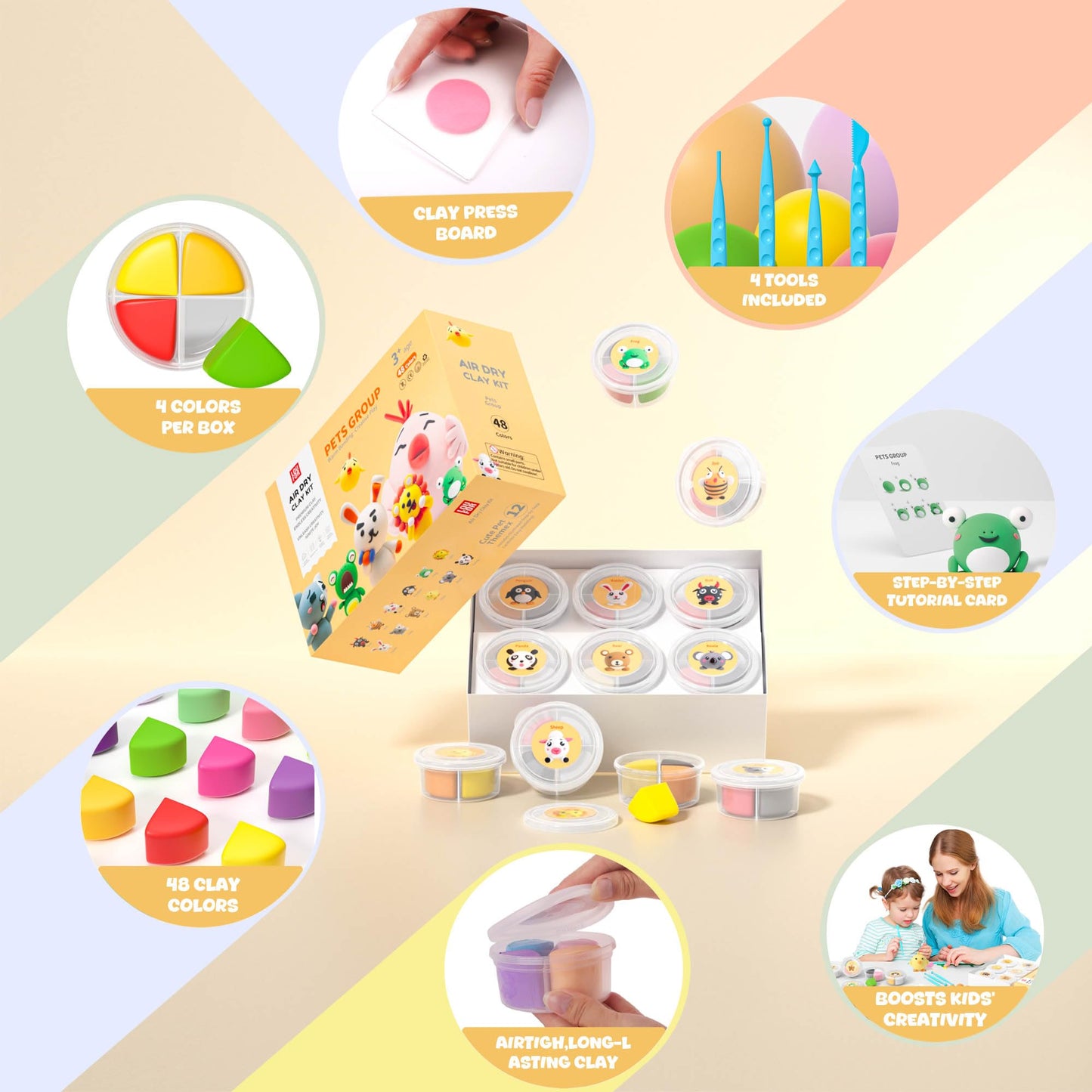 LOUFOR Air Dry Clay Kit for Kids – 48 Colors, 12 Cans, 4 Tools & Tutorial | Safe Non-Toxic Modeling Clay