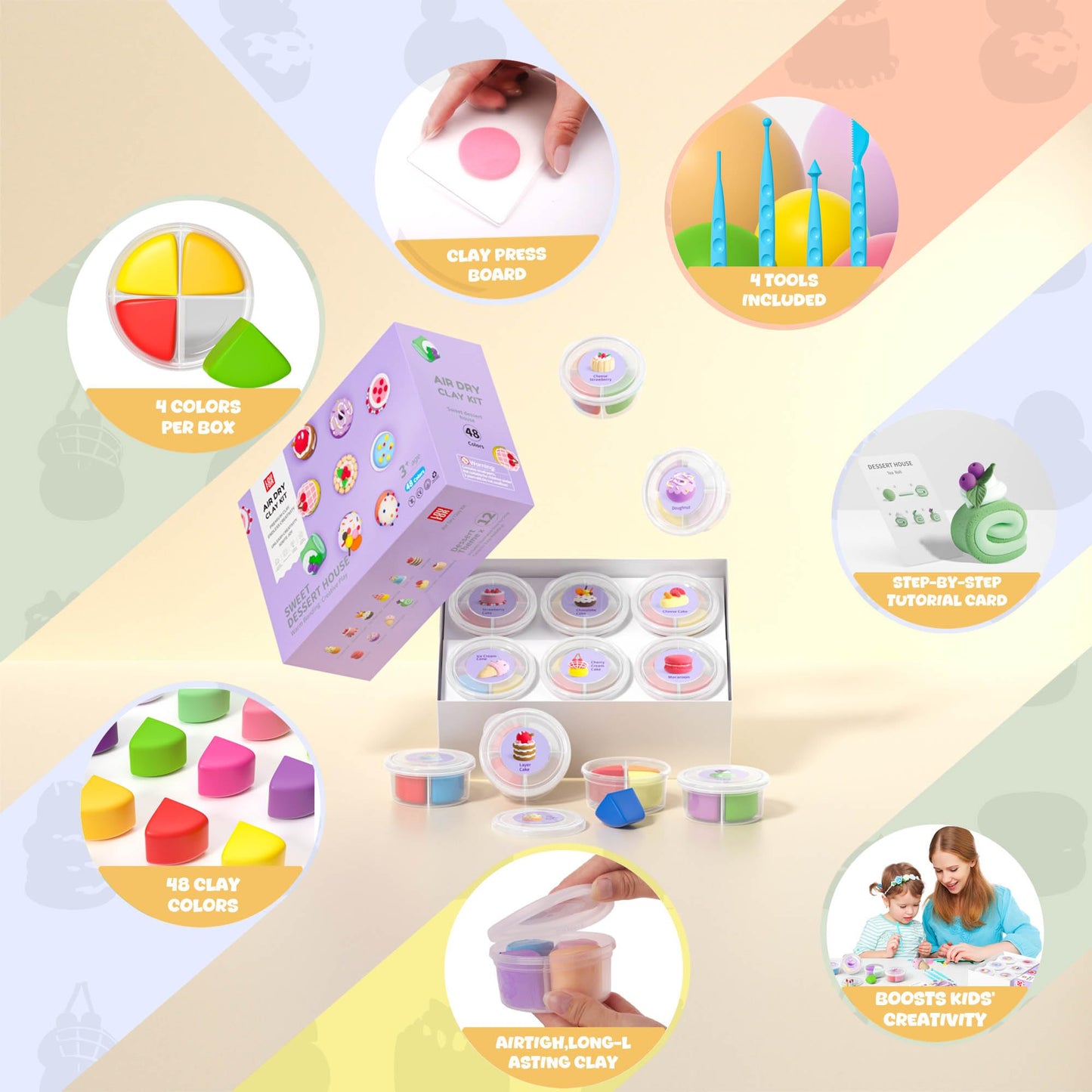 LOUFOR Air Dry Clay Kit – 48 Colors, 12 Cans, Safe Non-Toxic Modeling Clay for Kids