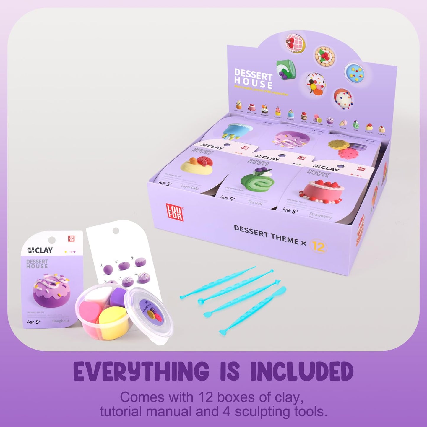 LOUFOR Air Dry Clay Kits – 12-Box Colorful Modeling Clay Set with Tools & Tutorials | Safe, Non-Toxic