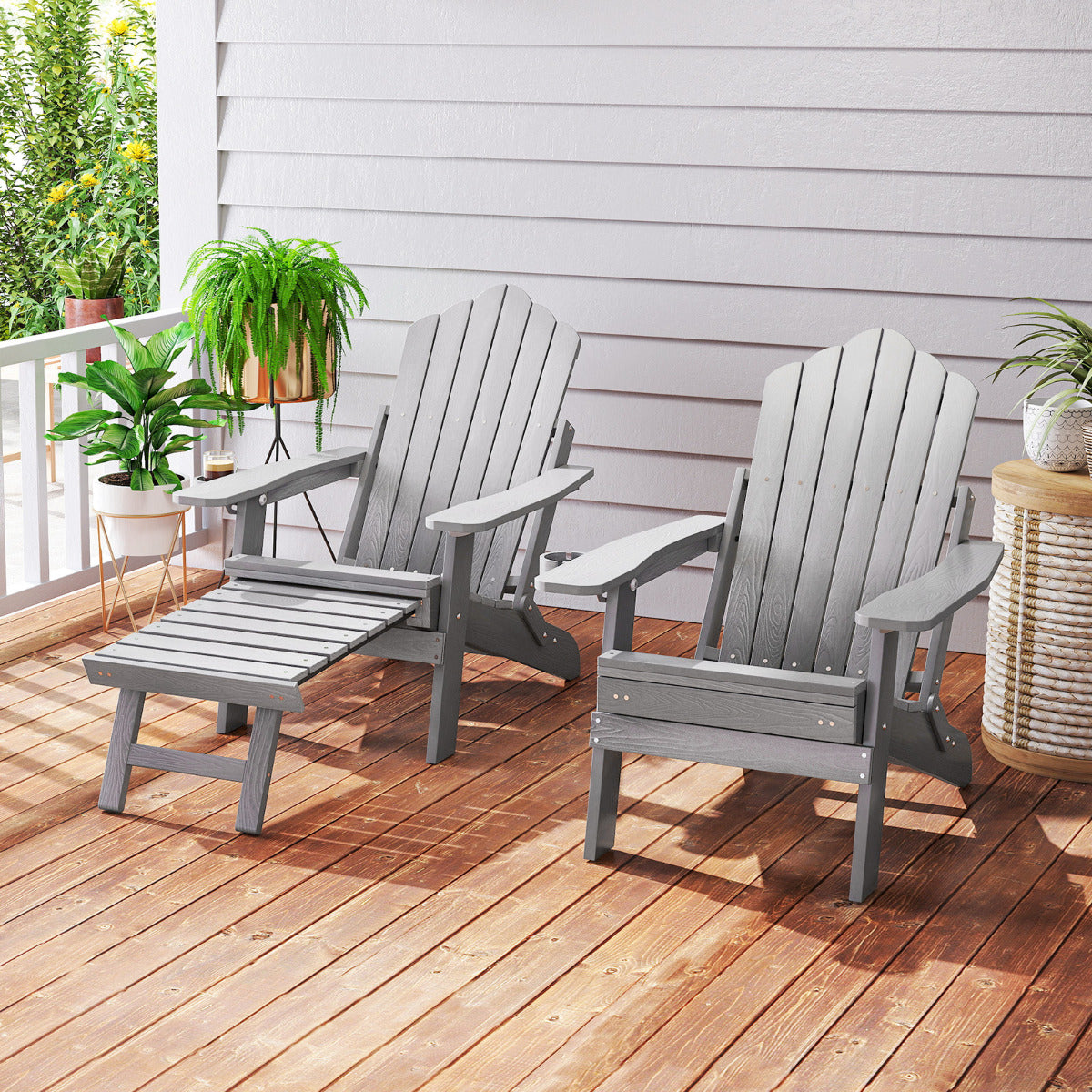 Lounge Patio Adirondack Chair Set of 2 with Retractable Footrest-Black