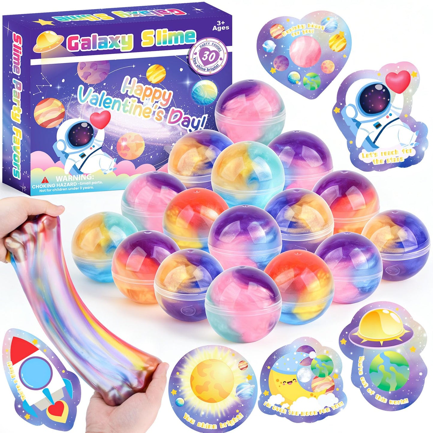 Valentines Day Galaxy Slime Balls – 30 Pack with Greeting Cards | Louseadon Kids Fidget & Classroom Gifts