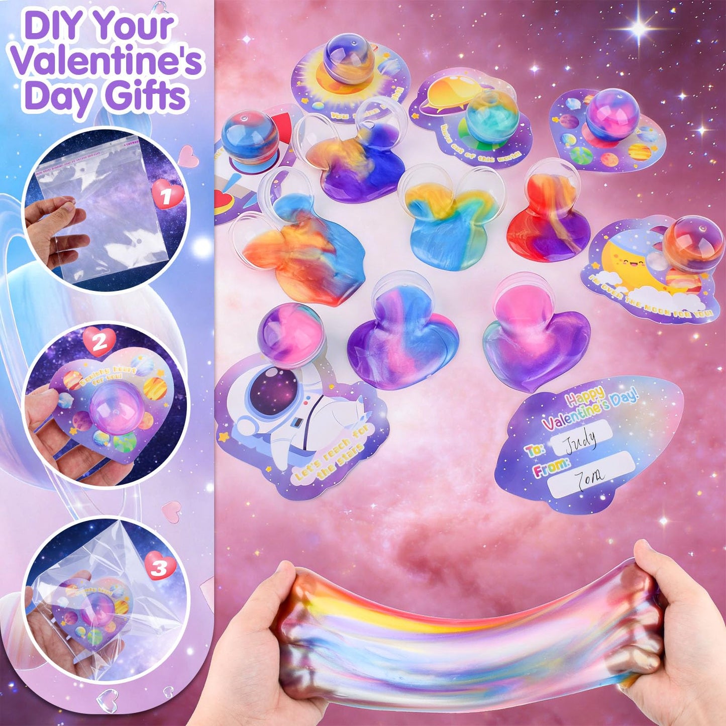 Valentines Day Galaxy Slime Balls – 30 Pack with Greeting Cards | Louseadon Kids Fidget & Classroom Gifts
