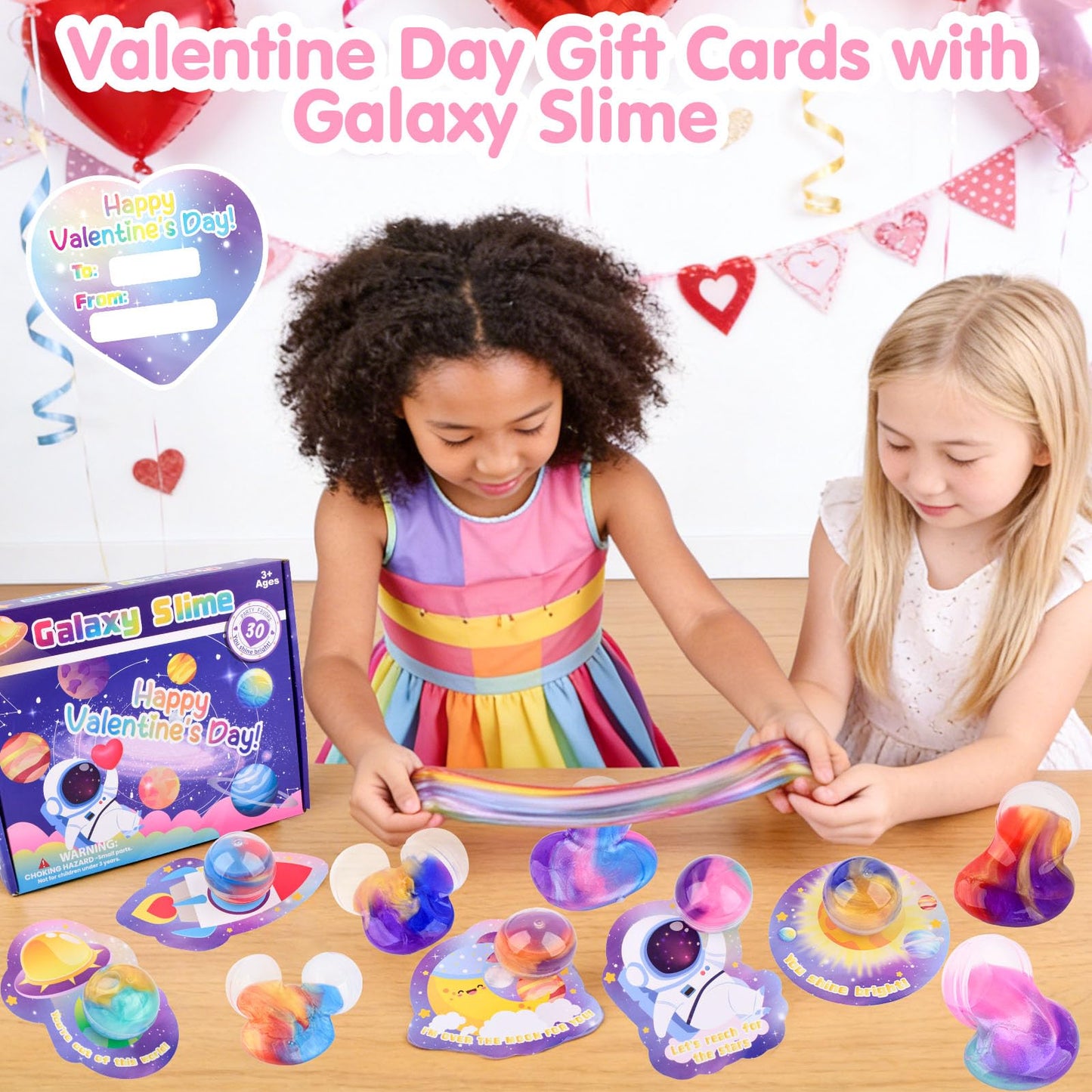 Valentines Day Galaxy Slime Balls – 30 Pack with Greeting Cards | Louseadon Kids Fidget & Classroom Gifts