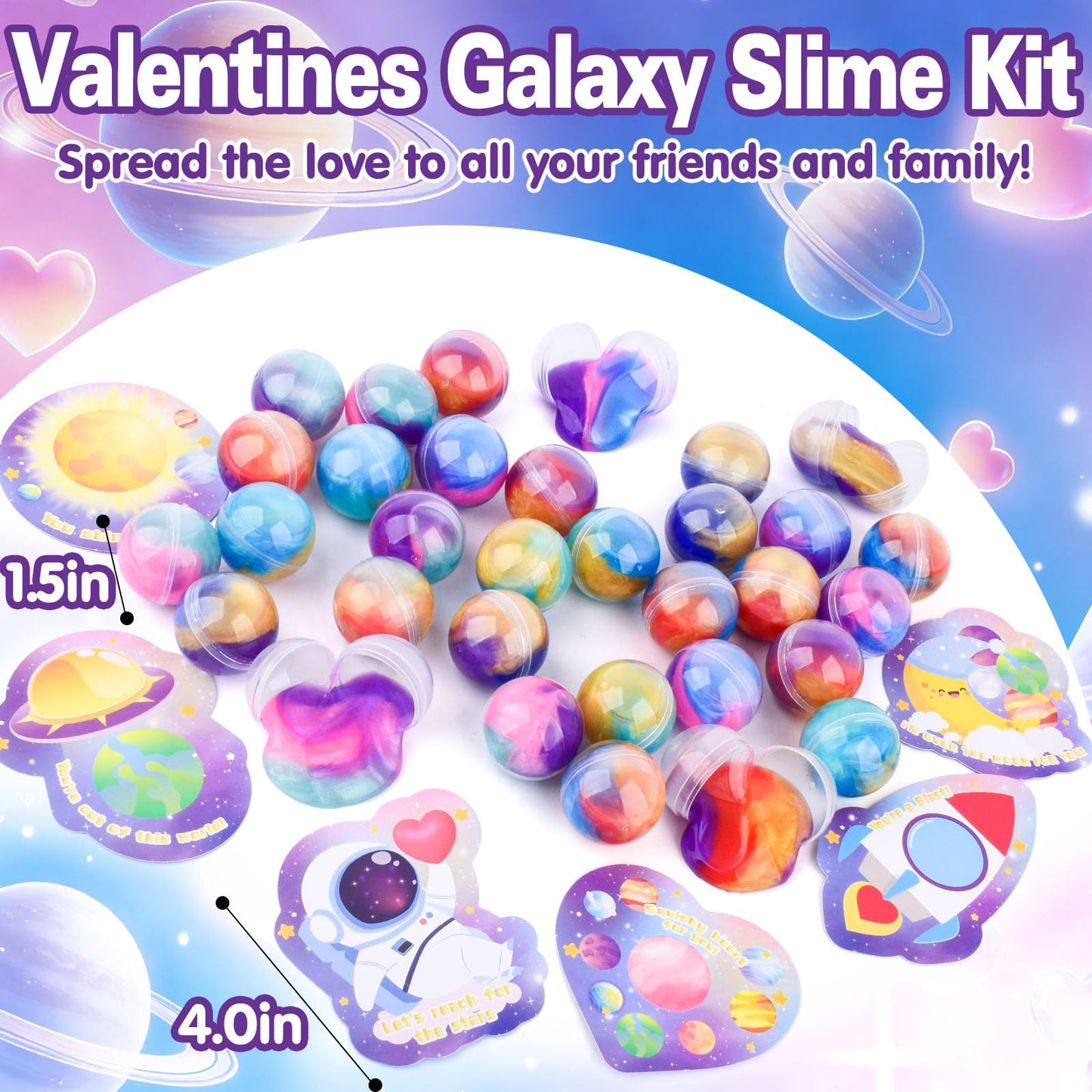 Valentines Day Galaxy Slime Balls – 30 Pack with Greeting Cards | Louseadon Kids Fidget & Classroom Gifts