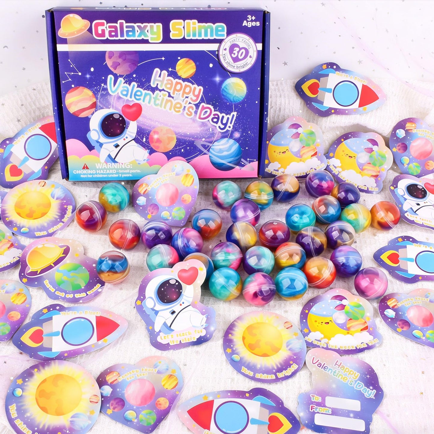 Valentines Day Galaxy Slime Balls – 30 Pack with Greeting Cards | Louseadon Kids Fidget & Classroom Gifts