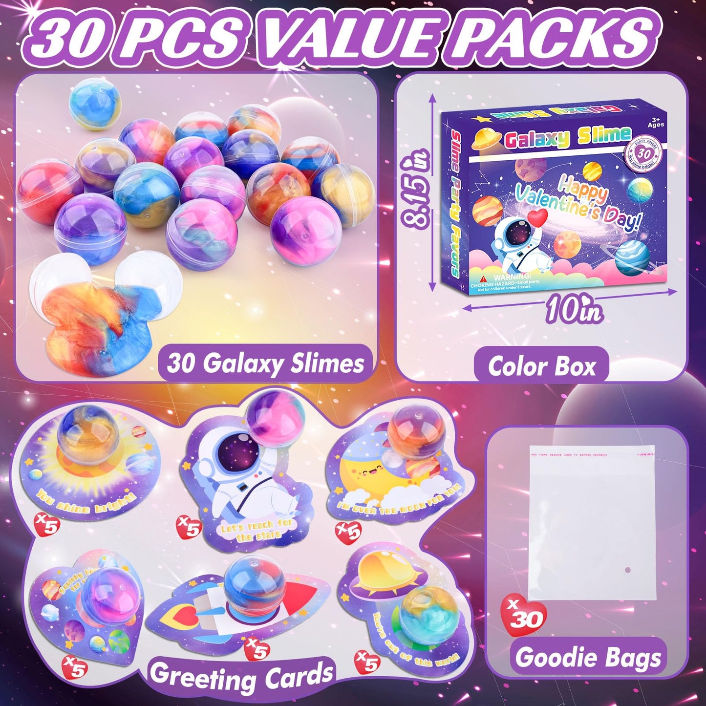 Valentines Day Galaxy Slime Balls – 30 Pack with Greeting Cards | Louseadon Kids Fidget & Classroom Gifts