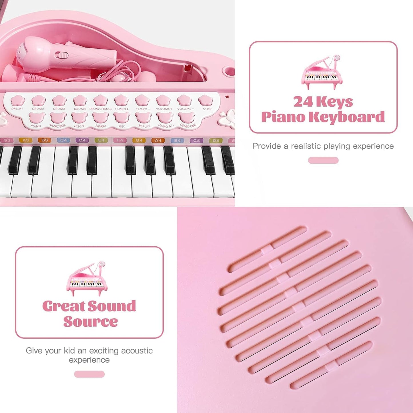 Love&Mini 24-Key Pink Piano Toy for Girls – Piano Keyboard with Microphone