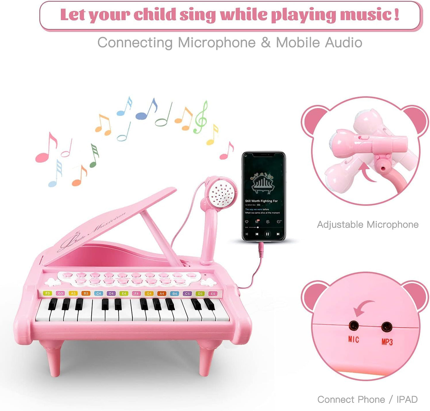 Love&Mini 24-Key Pink Piano Toy for Girls – Piano Keyboard with Microphone