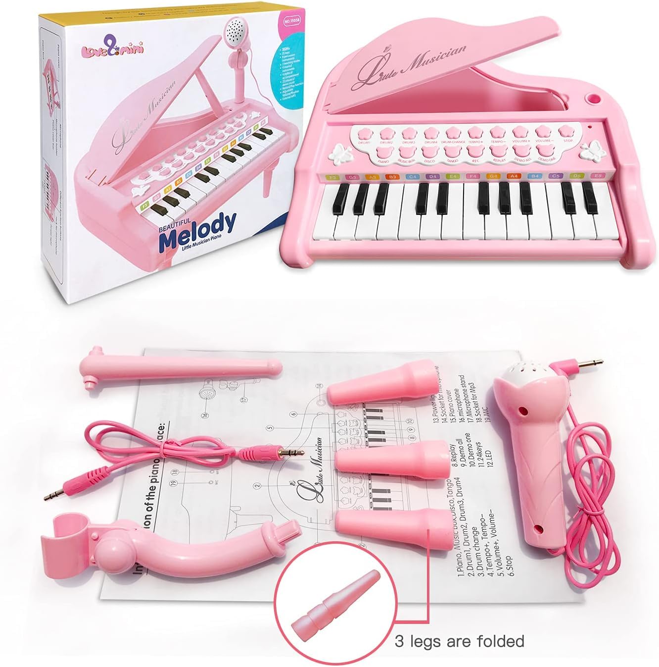 Love&Mini 24-Key Pink Piano Toy for Girls – Piano Keyboard with Microphone