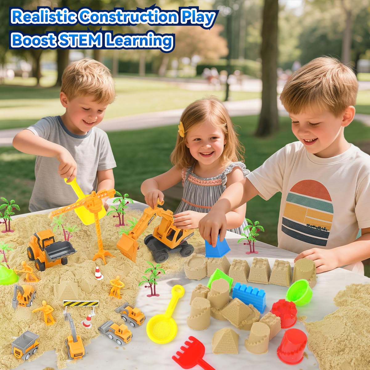 Love&Mini Sensory Beach Toys – 44-Piece Sand Construction Kit with 8 Vehicles