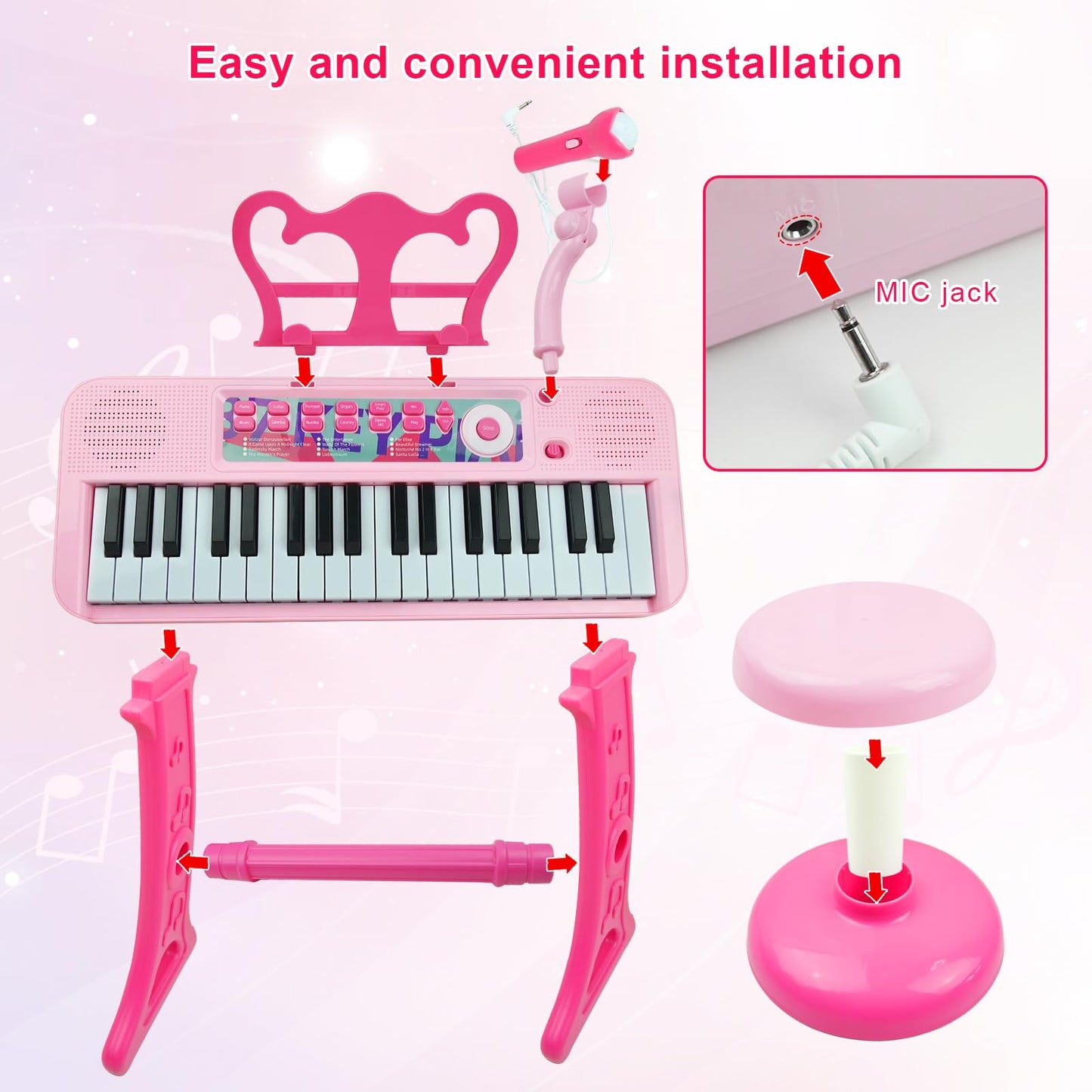 Love&Mini 37-Key Kids Keyboard Pink with Stool & Microphone