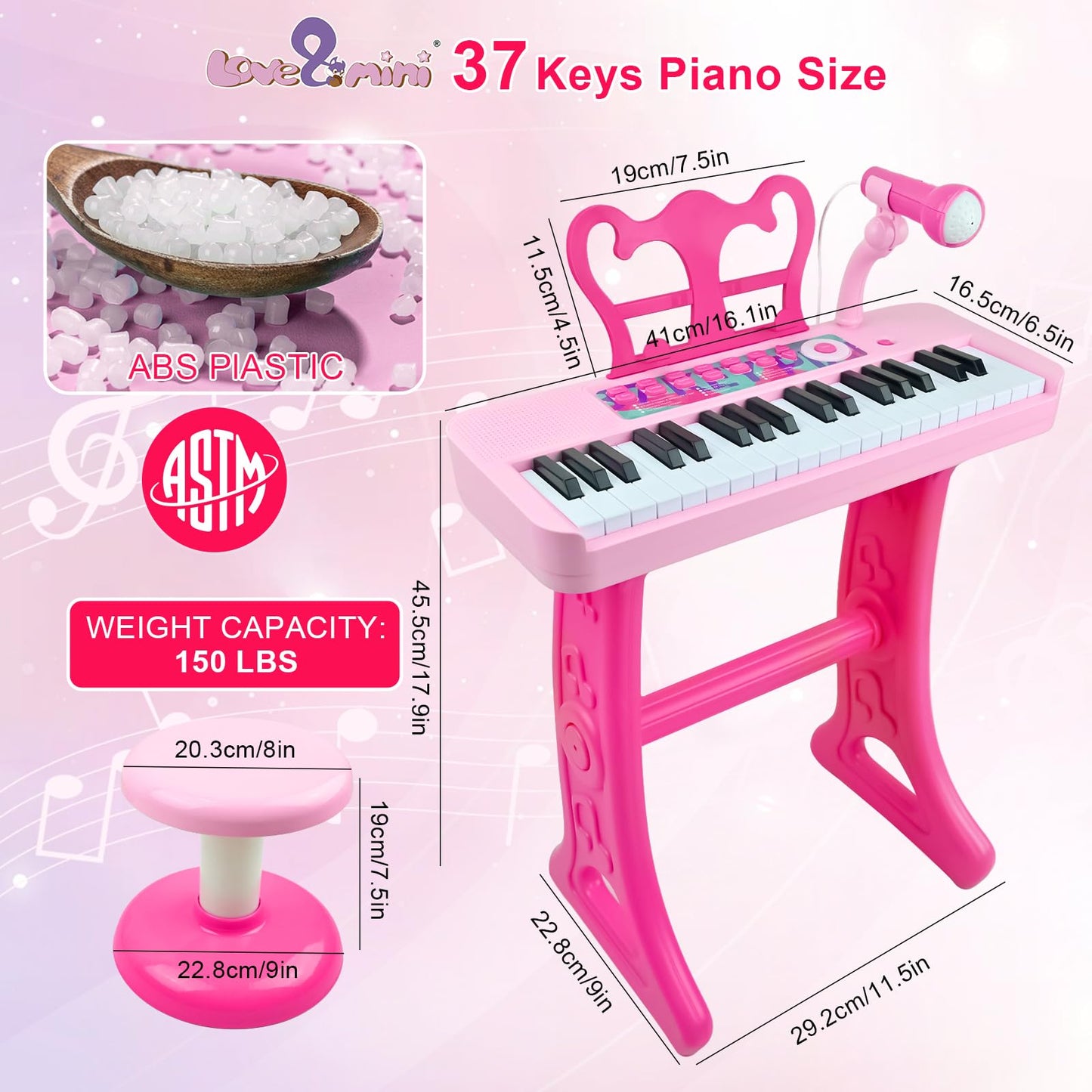 Love&Mini 37-Key Kids Keyboard Pink with Stool & Microphone