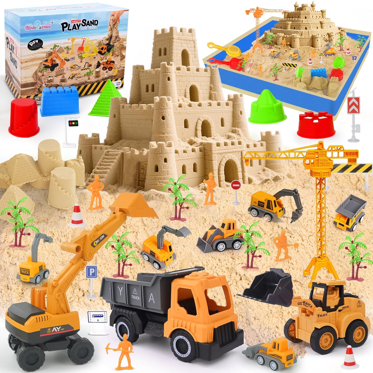 Love&Mini Sensory Beach Toys – 44-Piece Sand Construction Kit with 8 Vehicles