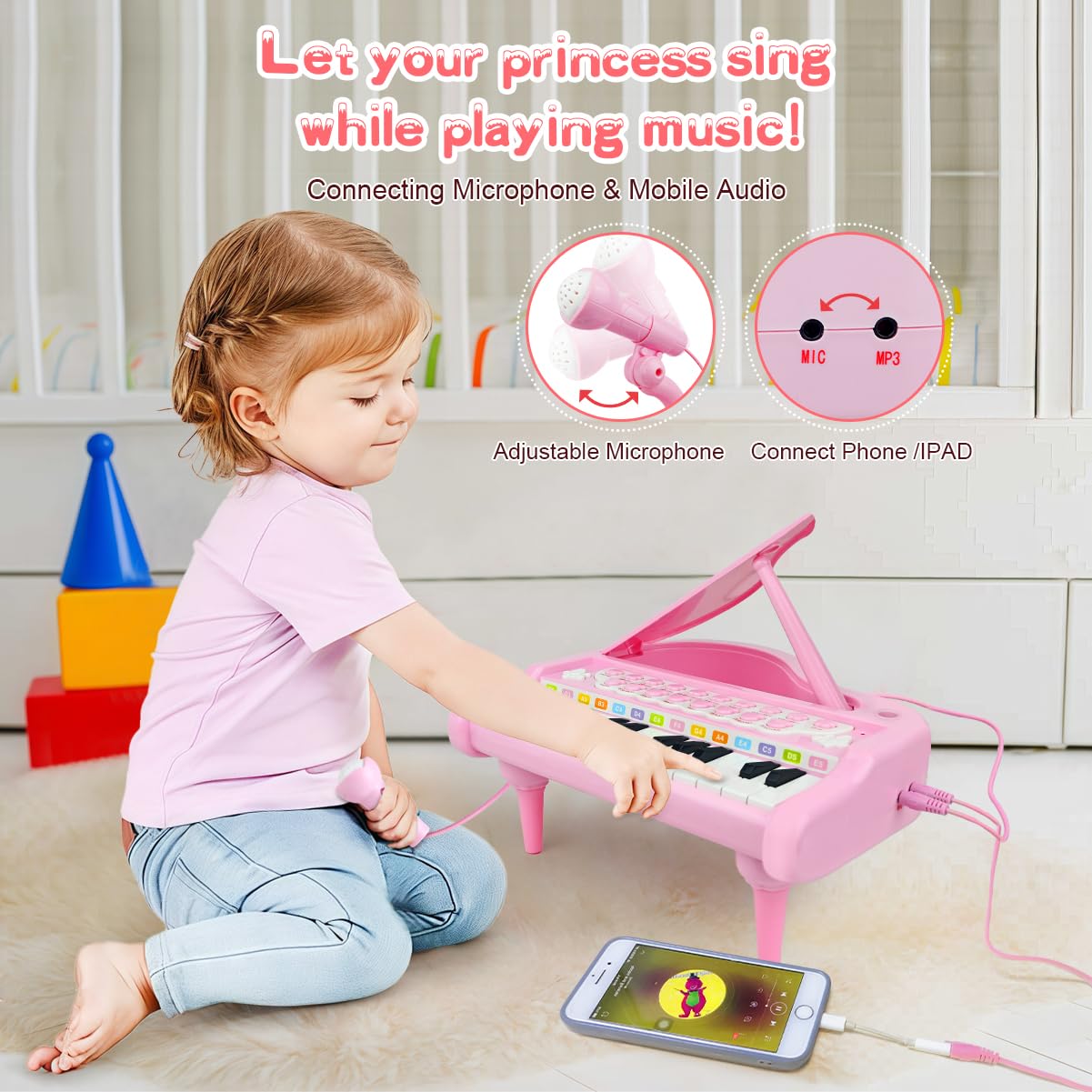 Love&Mini Pink Piano Toy for Toddlers – 24 Keys & Microphone
