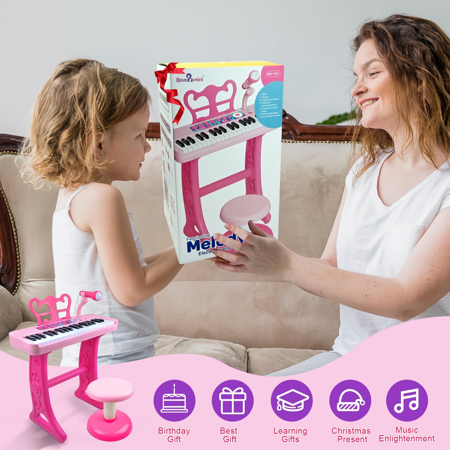 Love&Mini 37-Key Kids Keyboard Pink with Stool & Microphone
