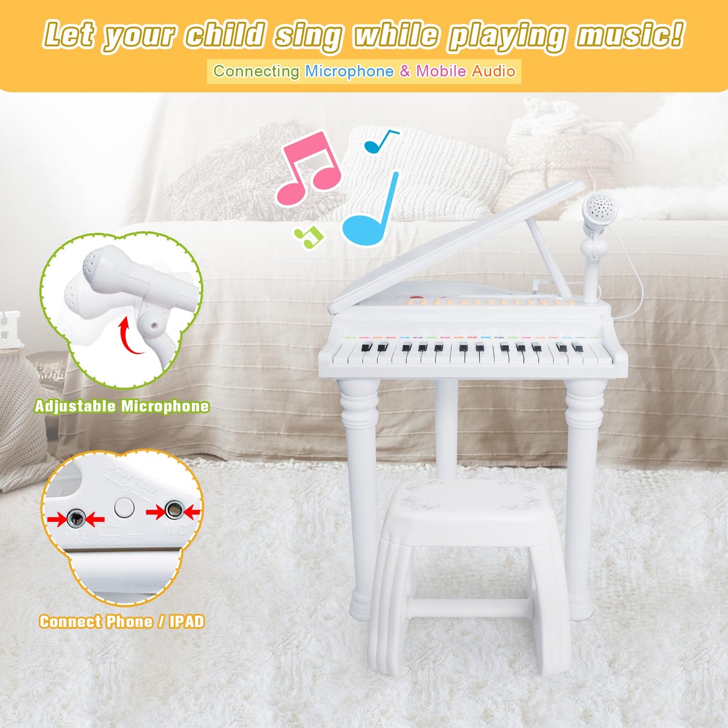 Love&Mini 31-Key Piano Toy Keyboard for Kids 3+ | Mic & Stool