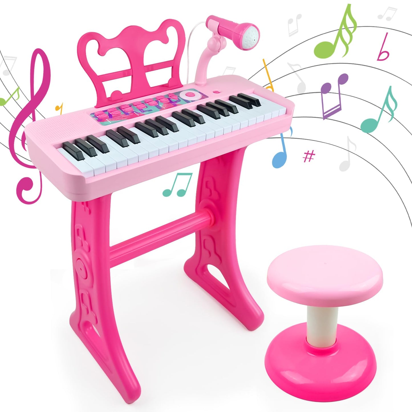 Love&Mini 37-Key Kids Keyboard Pink with Stool & Microphone