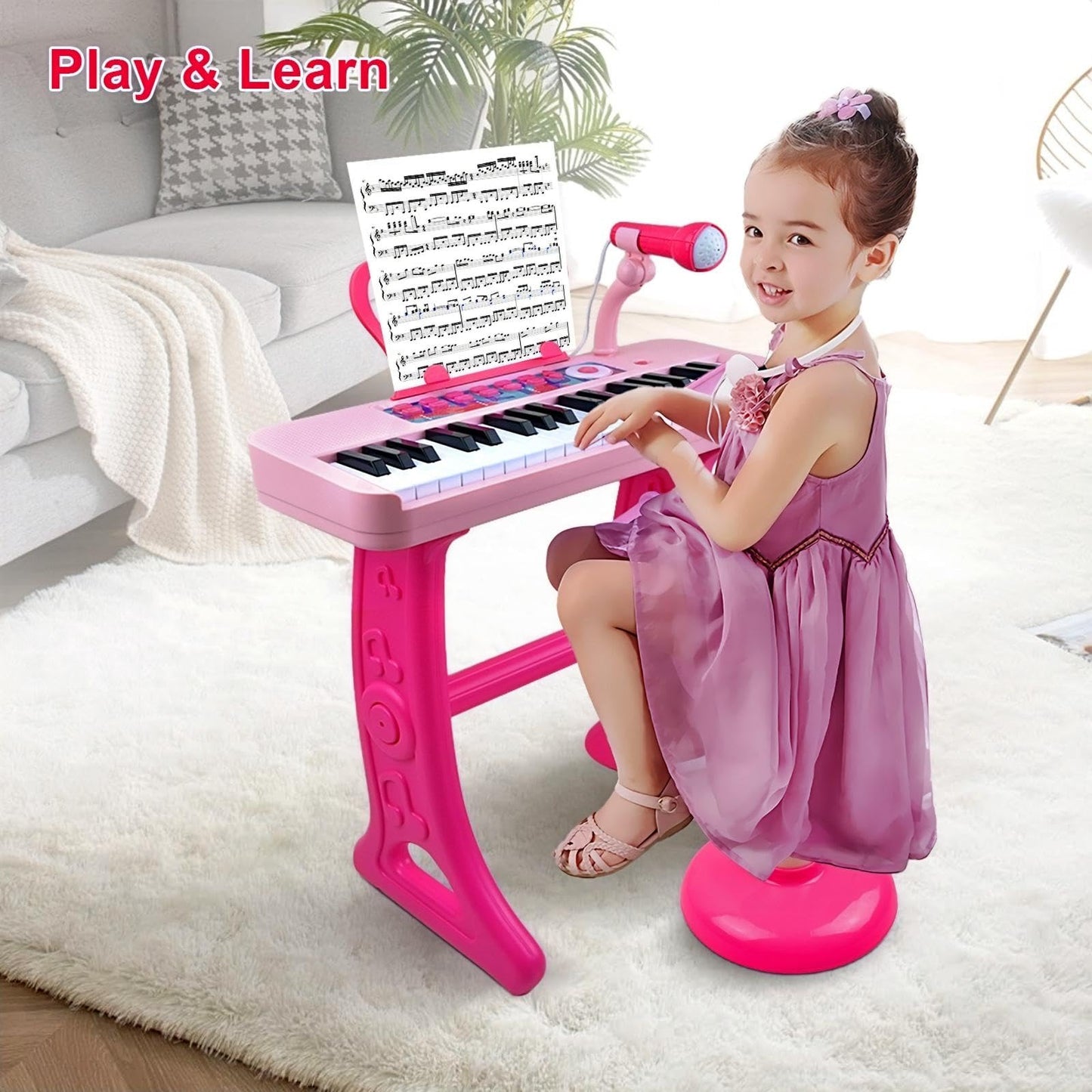 Love&Mini 37-Key Kids Keyboard Pink with Stool & Microphone