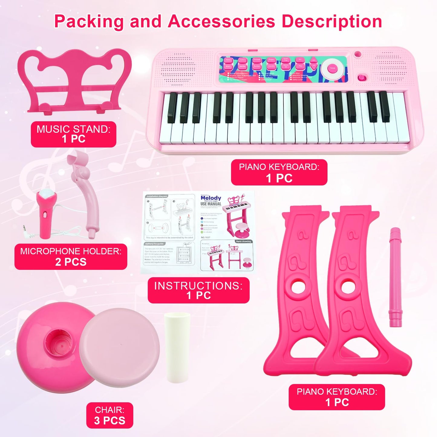 Love&Mini 37-Key Kids Keyboard Pink with Stool & Microphone