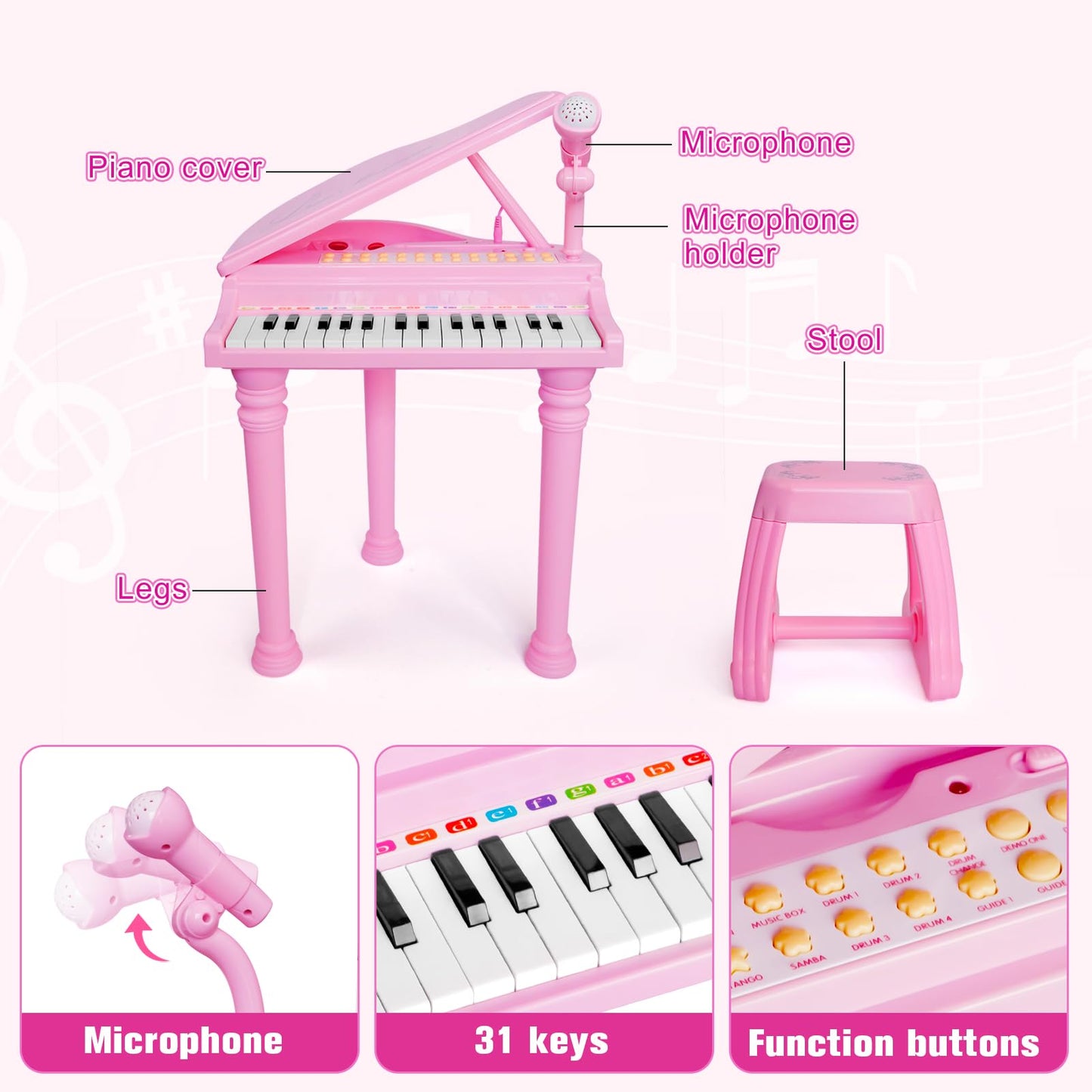 Love&Mini Piano Keyboard Toy for Girls – 31 Keys, Microphone & Stool
