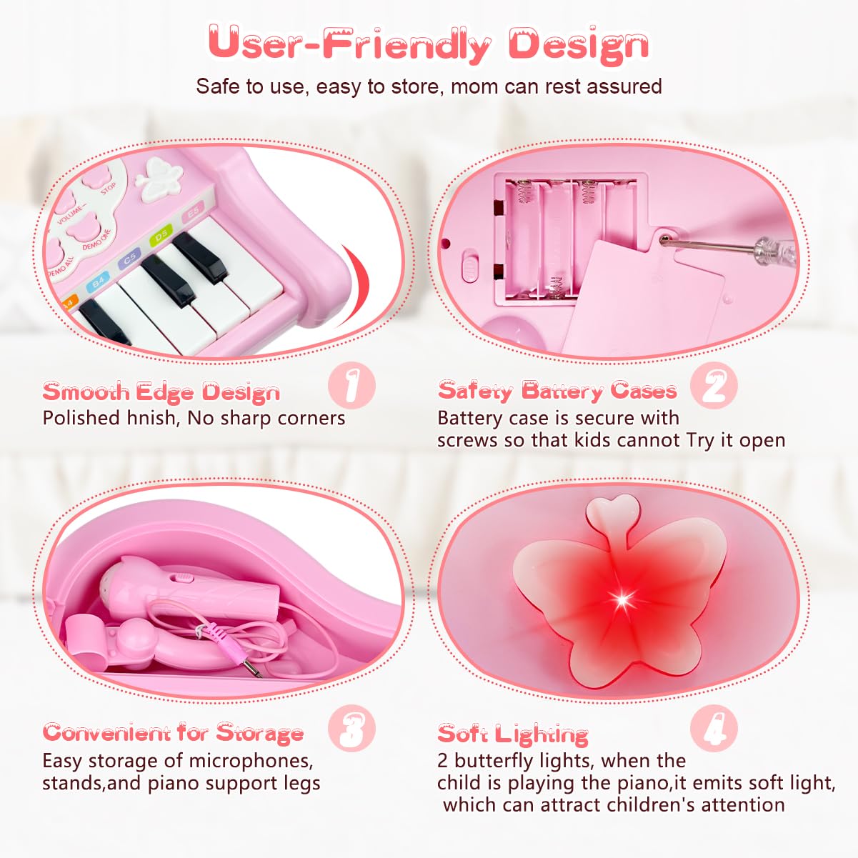 Love&Mini Pink Piano Toy for Toddlers – 24 Keys & Microphone