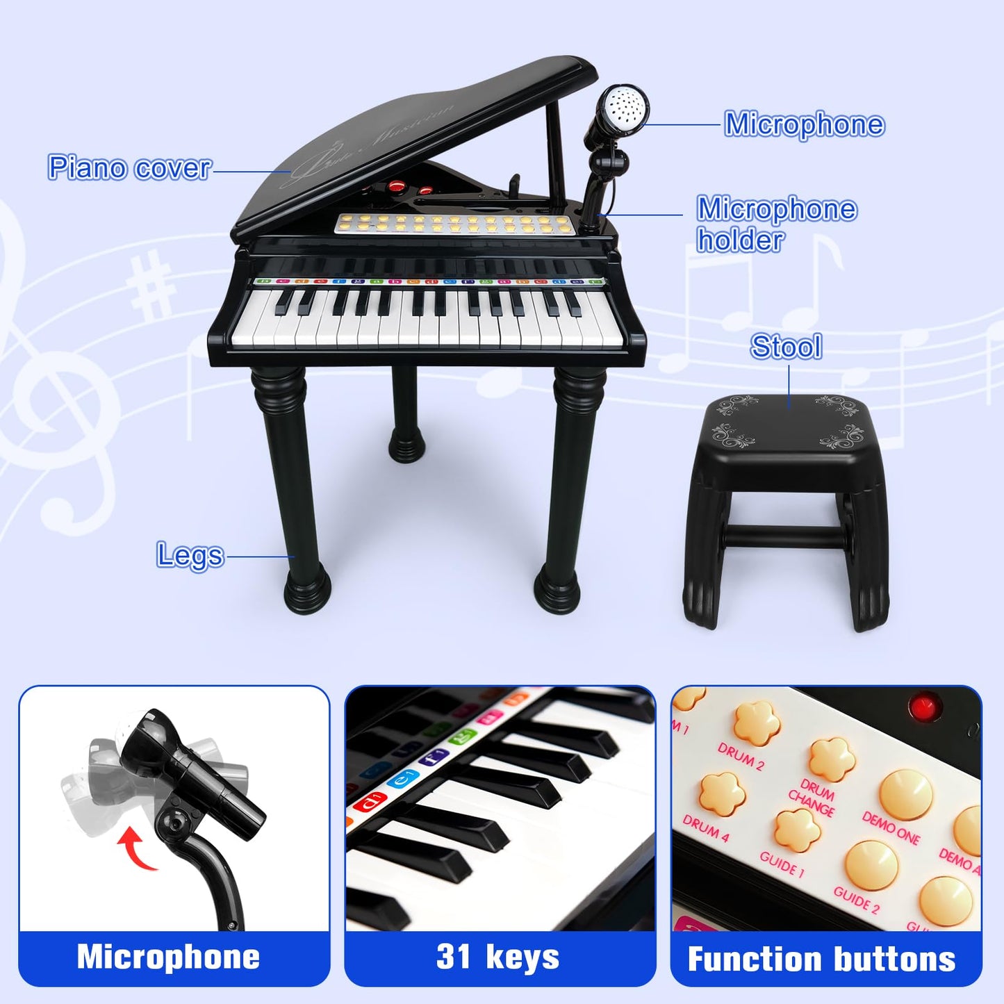 Love&Mini Piano Keyboard Toy – 31 Keys, Microphone & Stool for Kids 3+