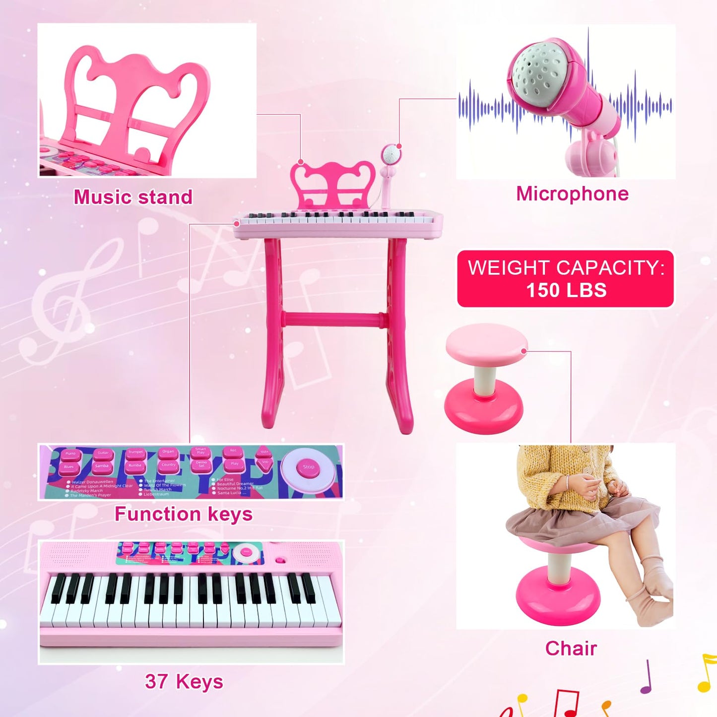 Love&Mini 37-Key Kids Keyboard Pink with Stool & Microphone
