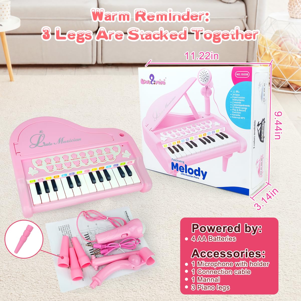 Love&Mini Pink Piano Toy for Toddlers – 24 Keys & Microphone