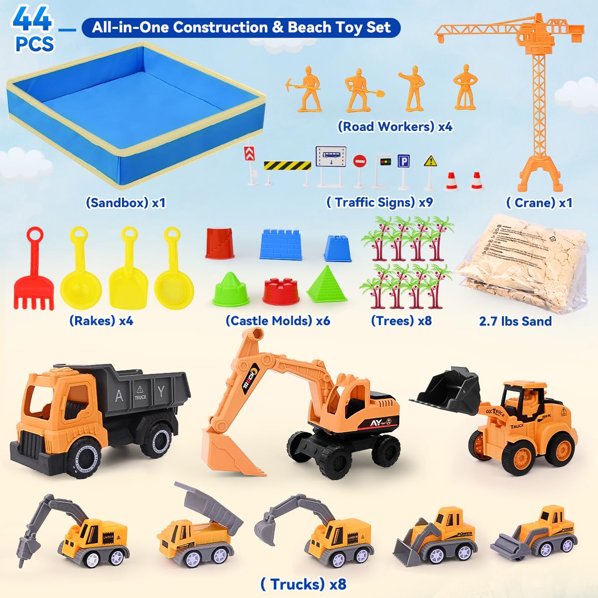 Love&Mini Sensory Beach Toys – 44-Piece Sand Construction Kit with 8 Vehicles