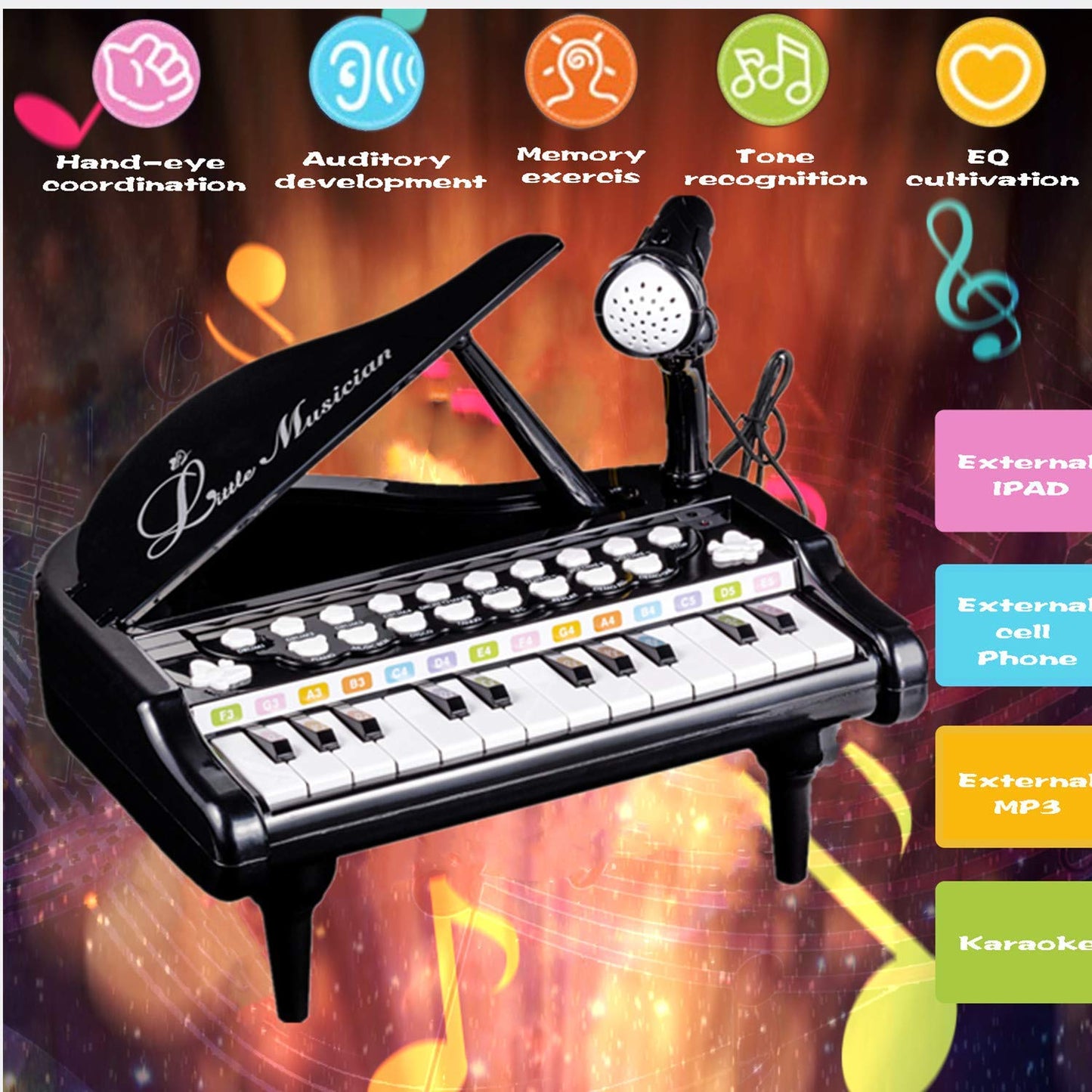 Love&Mini Toddler Piano – 24 Keys Black with Microphone | Beginner Kids Keyboard Toy