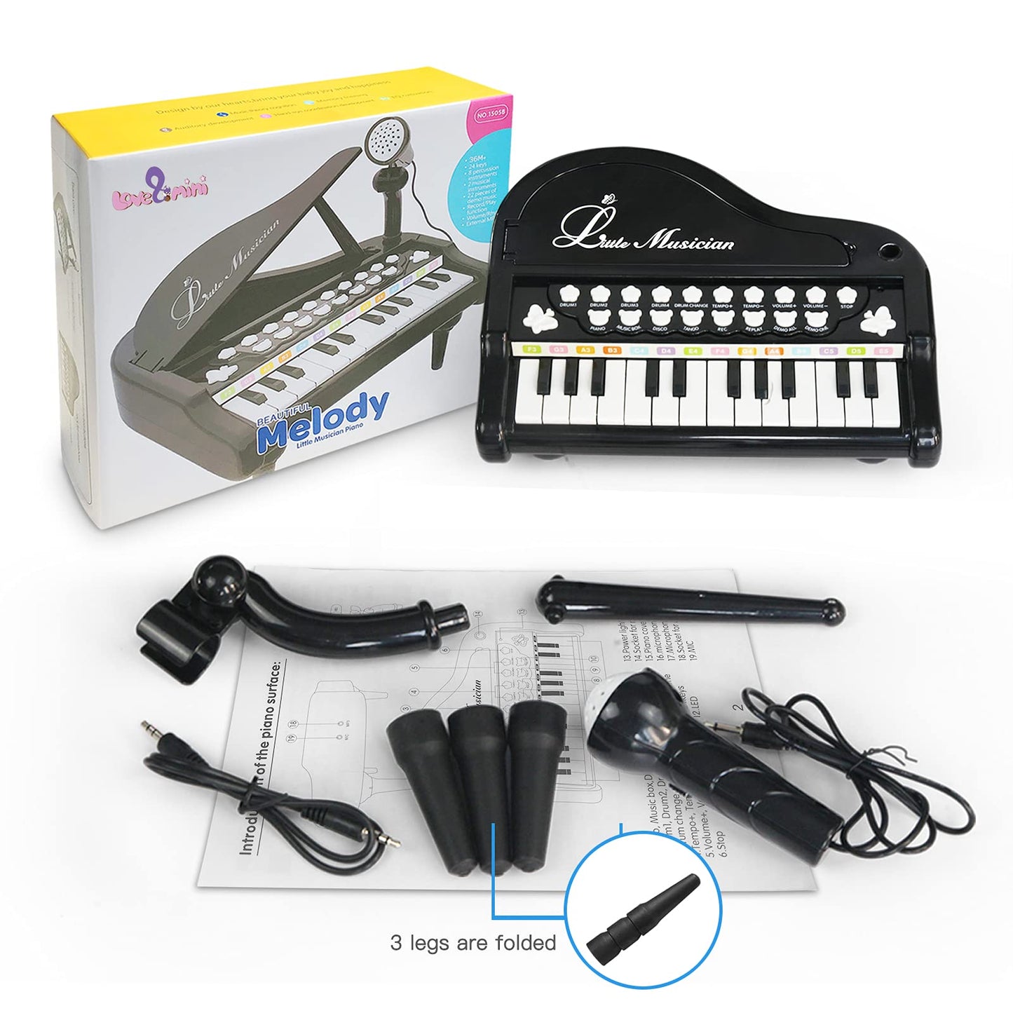 Love&Mini Toddler Piano – 24 Keys Black with Microphone | Beginner Kids Keyboard Toy