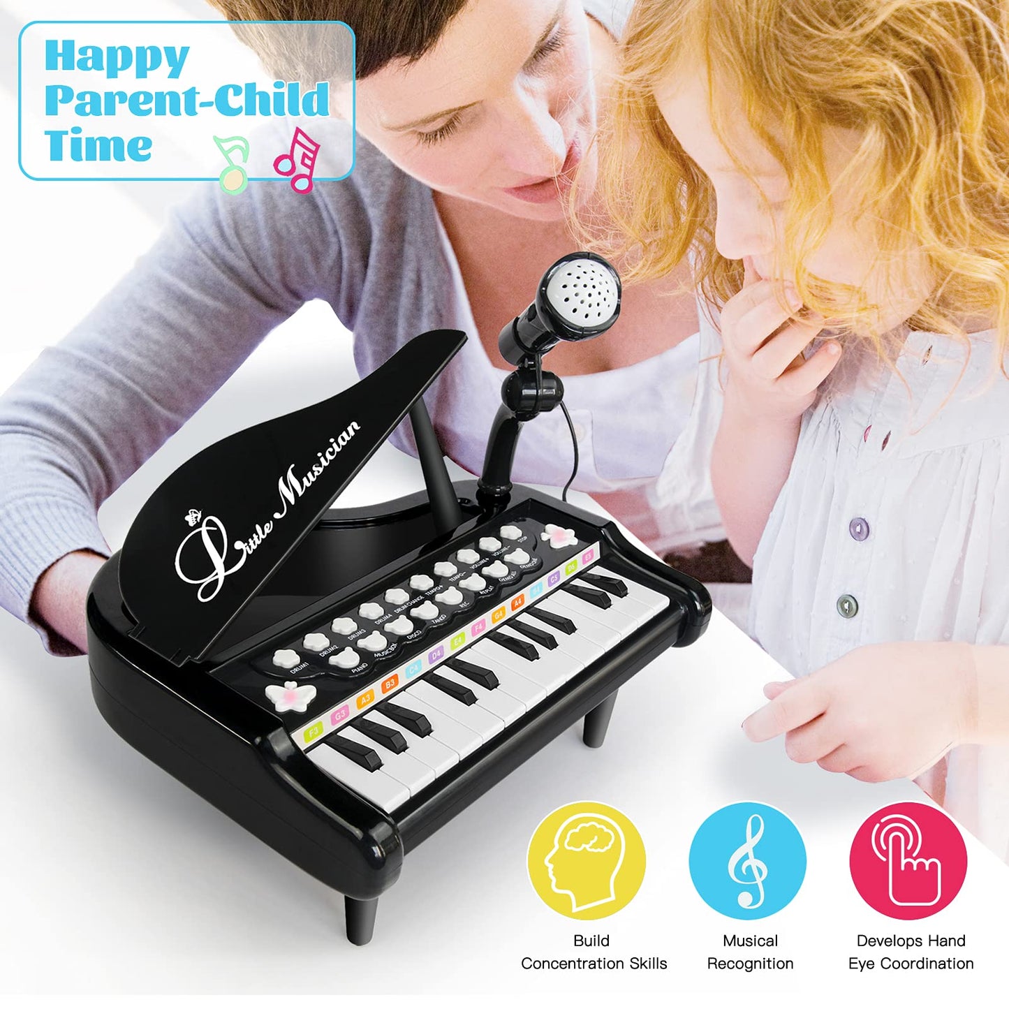 Love&Mini Toddler Piano – 24 Keys Black with Microphone | Beginner Kids Keyboard Toy