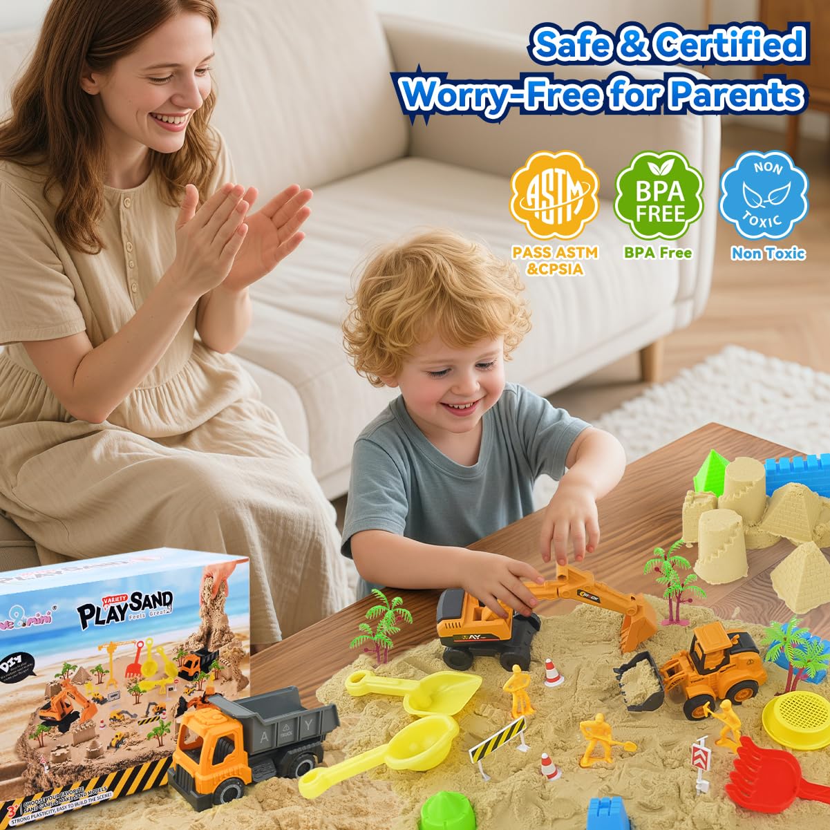 Love&Mini Sensory Beach Toys – 44-Piece Sand Construction Kit with 8 Vehicles