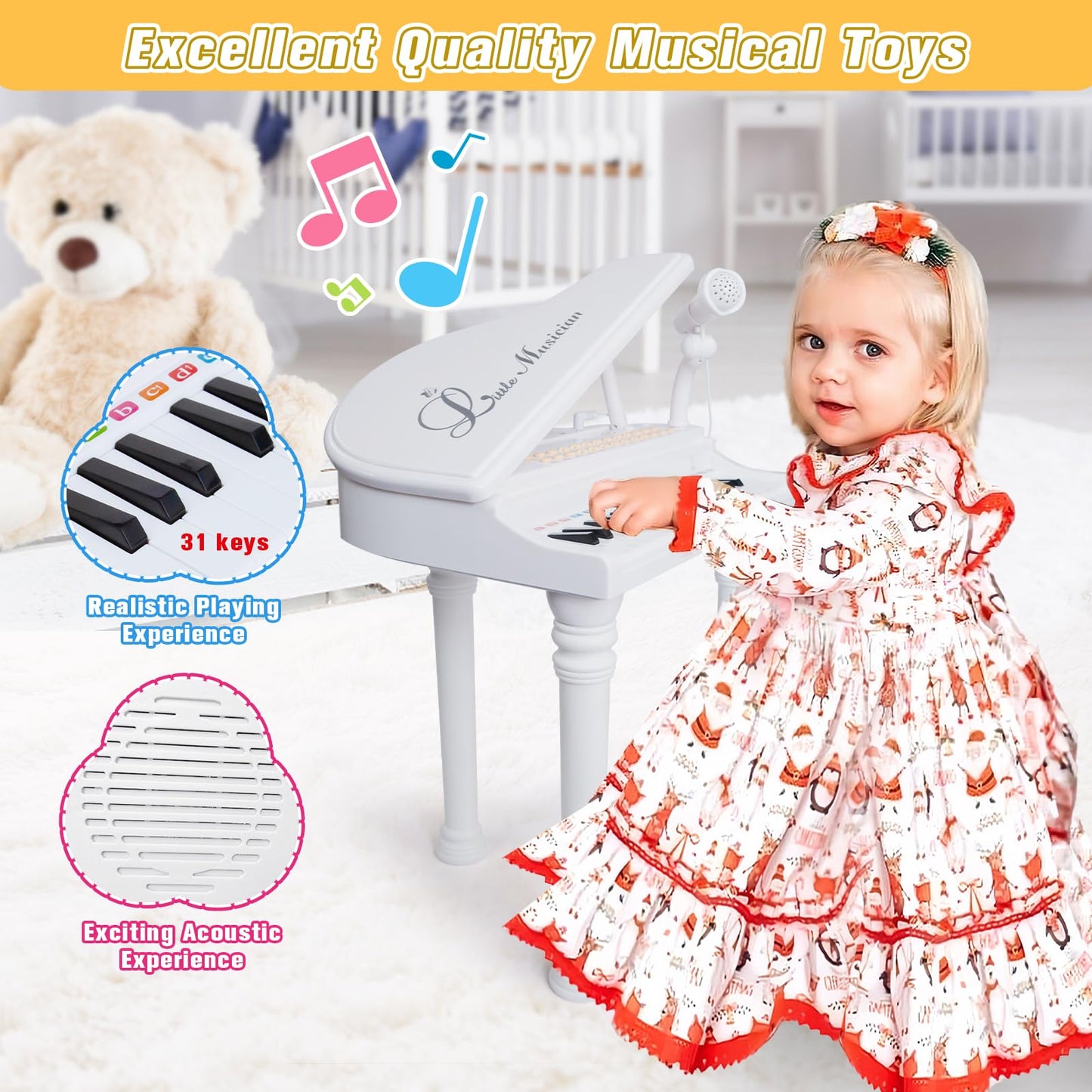 Love&Mini 31-Key Piano Toy Keyboard for Kids 3+ | Mic & Stool