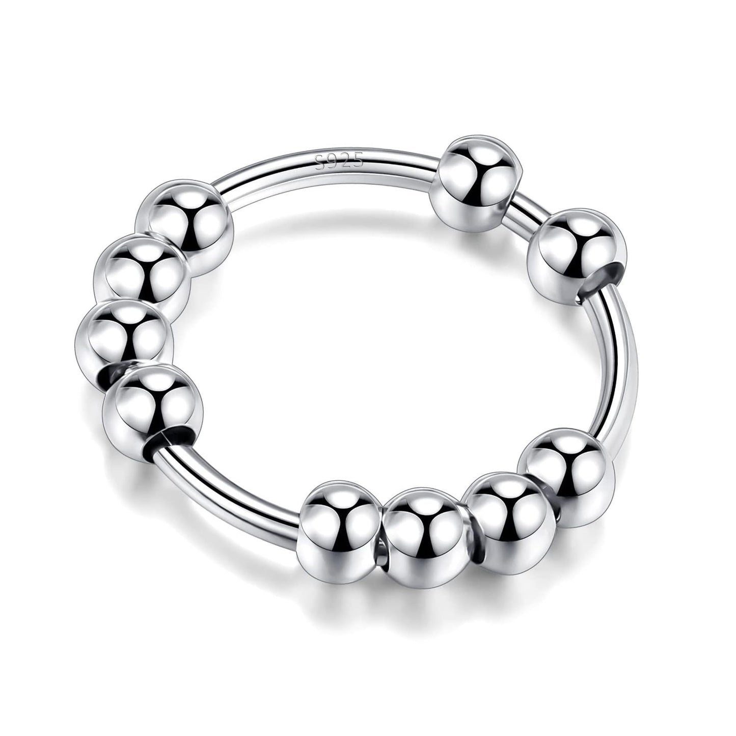 LOVECOM 925 Sterling Silver Anxiety Fidget Ring with Beads — 14K Gold Plated Spinner for Women & Men