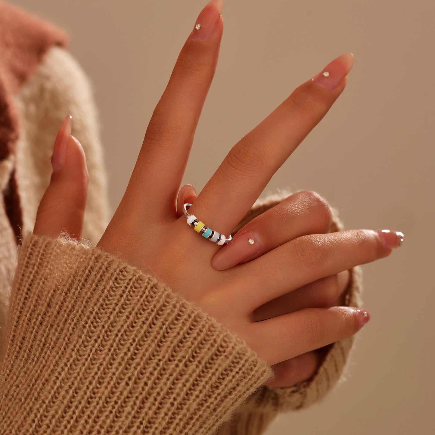LOVECOM 925 Sterling Silver Fidget Ring with Colorful Enamel Beads – Stress Relief Spinner Ring for Women & Men