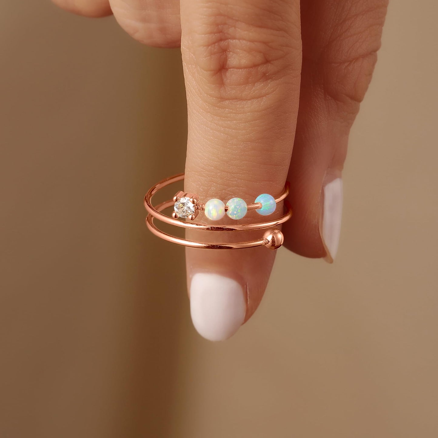 LOVECOM 14K Gold Plated Fidget Ring with Opal – Adjustable S925 Silver Spinner Ring