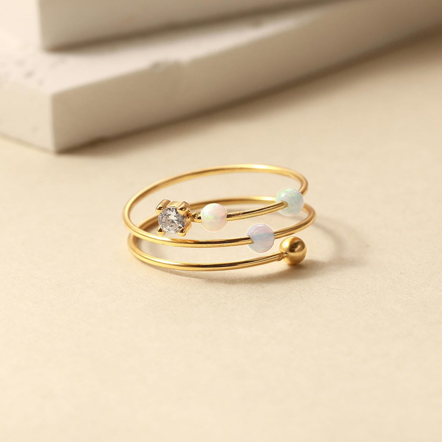 LOVECOM 14K Gold Plated Fidget Ring with Opal – Adjustable S925 Silver Spinner Ring