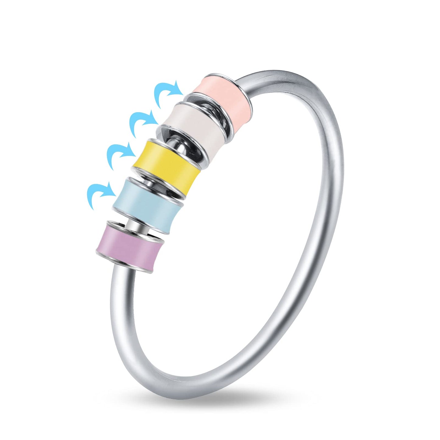 LOVECOM 925 Sterling Silver Fidget Ring with Colorful Enamel Beads – Stress Relief Spinner Ring for Women & Men