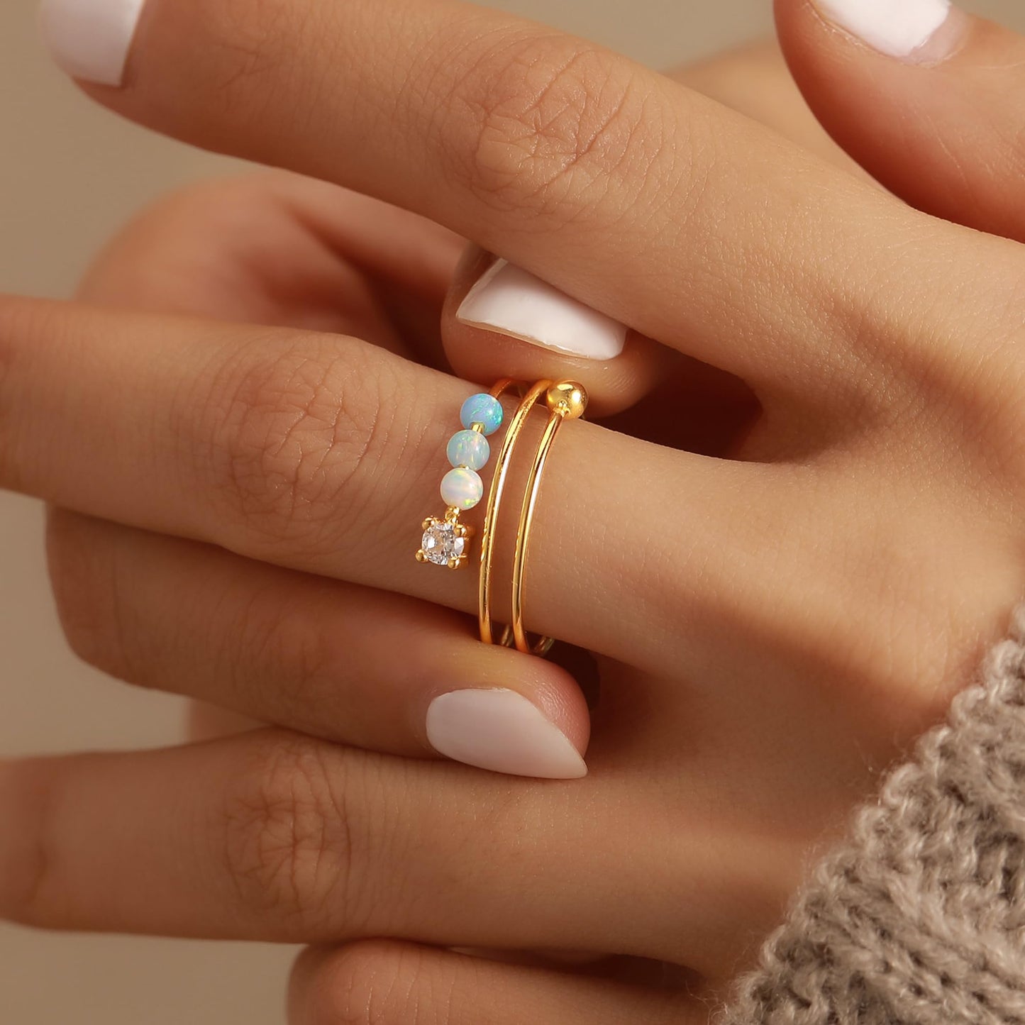 LOVECOM 14K Gold Plated Fidget Ring with Opal – Adjustable Open Spinner Ring for Women