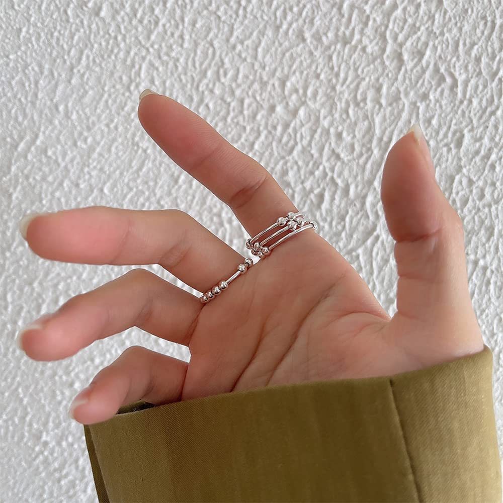 LOVECOM 925 Sterling Silver Anxiety Fidget Ring with Beads — 14K Gold Plated Spinner for Women & Men